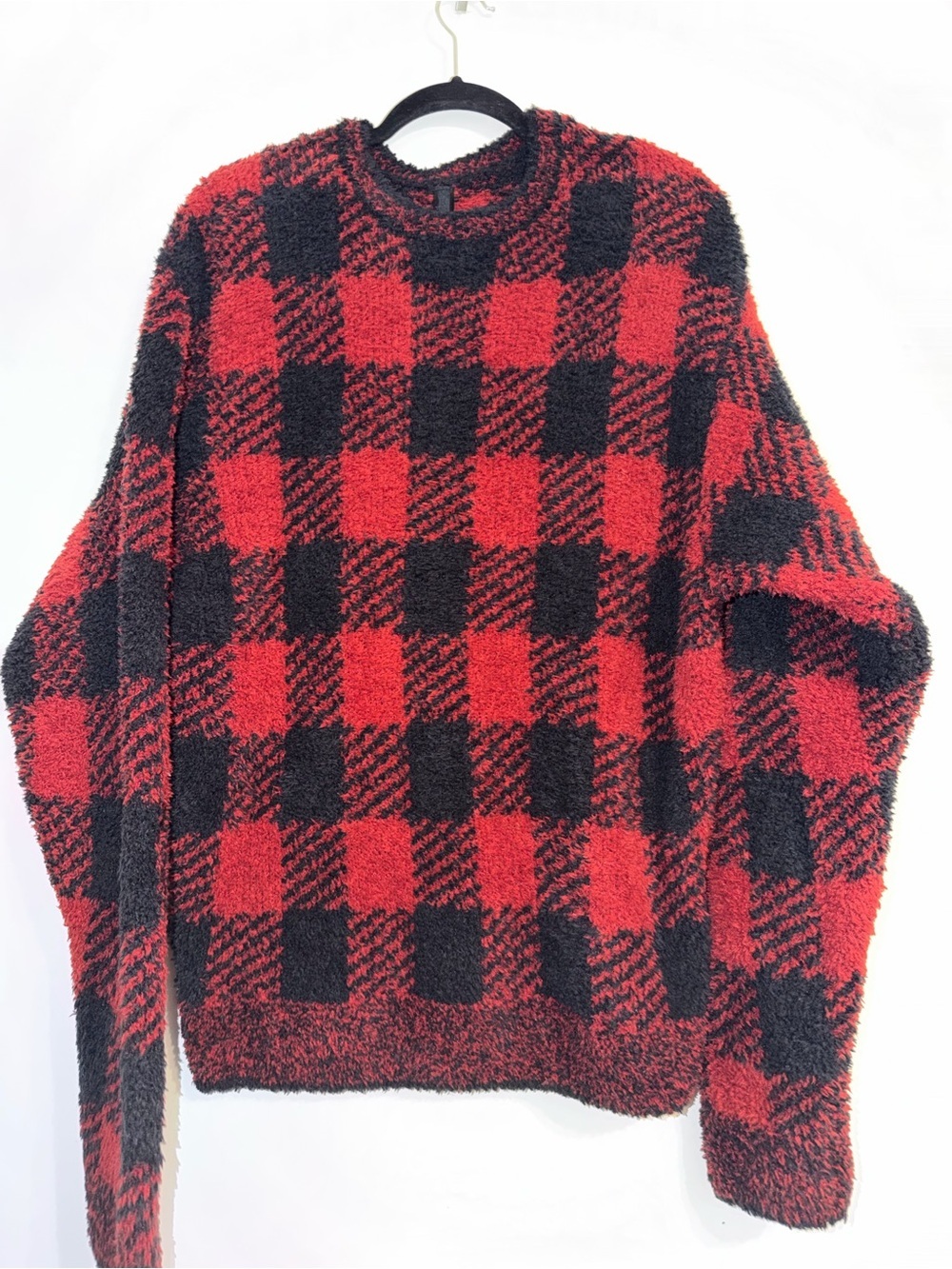 Skims Red and Black Buffalo Plaid Fuzzy Crewneck Sweater